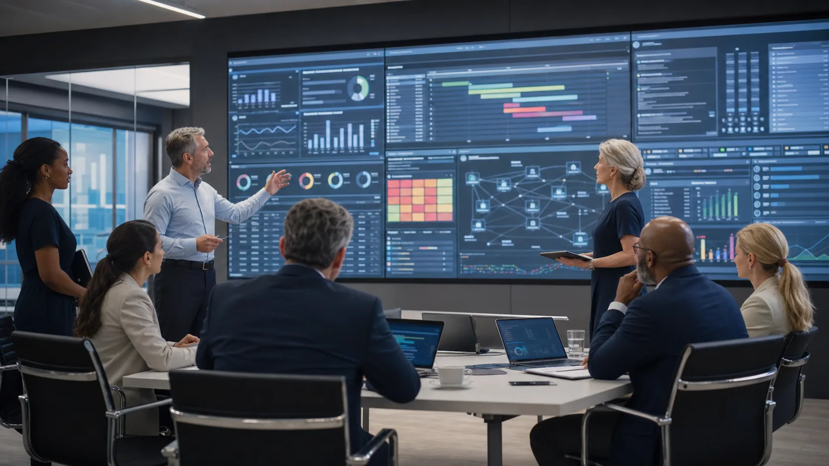 Operations team reviewing a source-linked program dashboard and workflow map.