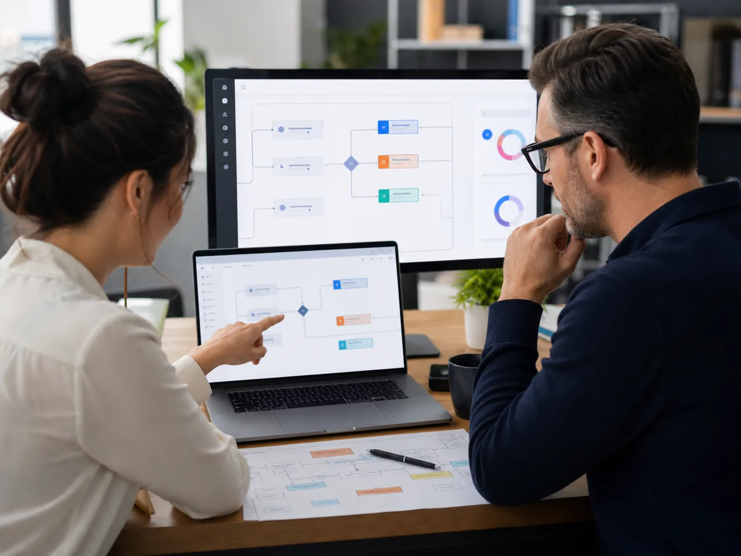 Analysts reviewing a governed workflow and AI-support architecture.